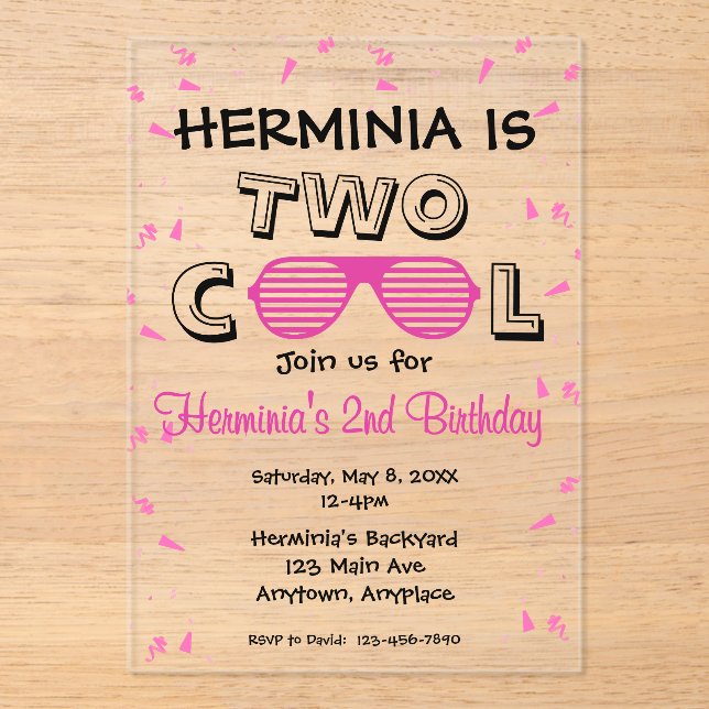 Invitaciones Acrílicas TWO Cool Sunglass 2nd Birthday Party (Anverso)