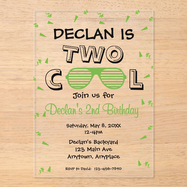 Invitaciones Acrílicas TWO Cool Sunglass 2nd Birthday Party (Anverso)
