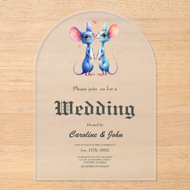 Invitaciones Acrílicas Two Hearts, One Love – Wedding Mice.  (Anverso)