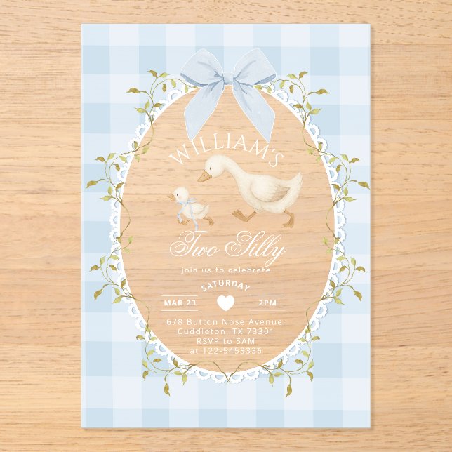 Invitaciones Acrílicas Two Silly Goose Blue Gingham 2nd Birthday (Anverso)