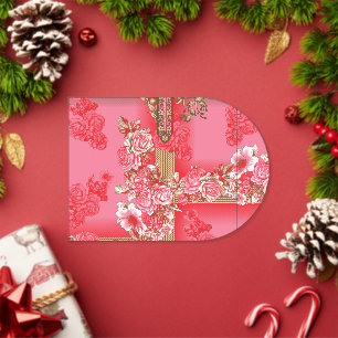Invitaciones Acrílicas un diseño de un fondo rosa y dorado con un rojo 