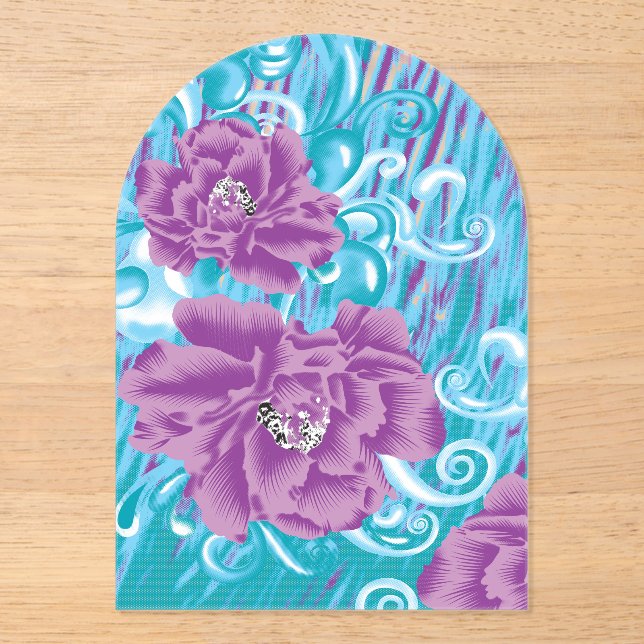 Invitaciones Acrílicas Un diseño textil vibrante con púrpura y turq (Anverso)