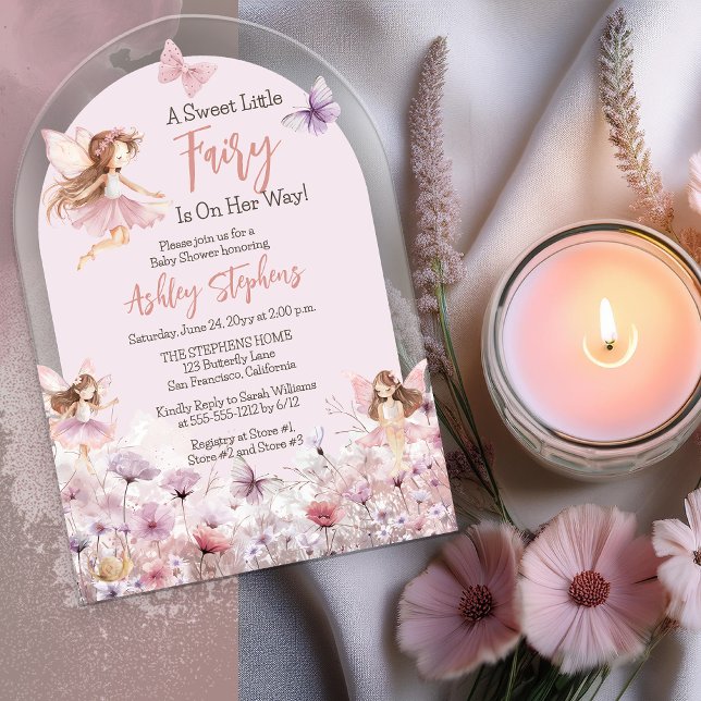 Invitaciones Acrílicas Un dulce Chica de flores silvestres de hadas peque (Enchanting "A Sweet Little Fairy Is On Her Way!" Girl Baby Shower Arched Acrylic Invitation)