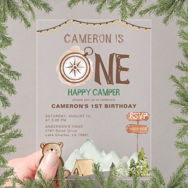 Invitaciones Acrílicas Un feliz Oso de Camper Woodland primer cumpleaños (Subido por el creador)