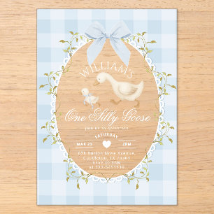 Invitaciones Acrílicas Un niño ganso tonto cumpleaños 1er Gingham Caprich