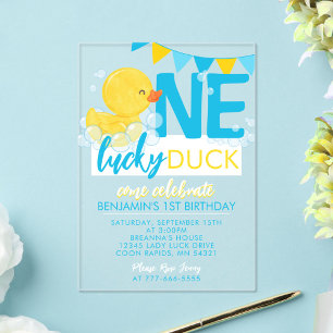 Invitaciones Acrílicas Un Pato Afortunado Acuarela 1er Cumpleaños