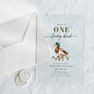 Invitaciones Acrílicas Un Pato Afortunado Niño Acuarela 1er Cumpleaños