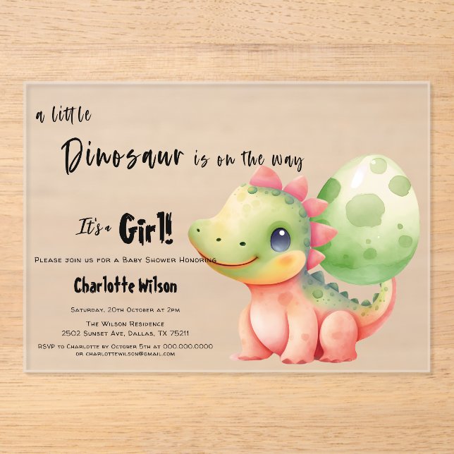 Invitaciones Acrílicas Un pequeño dinosaurio está en camino a Baby Shower (Anverso)