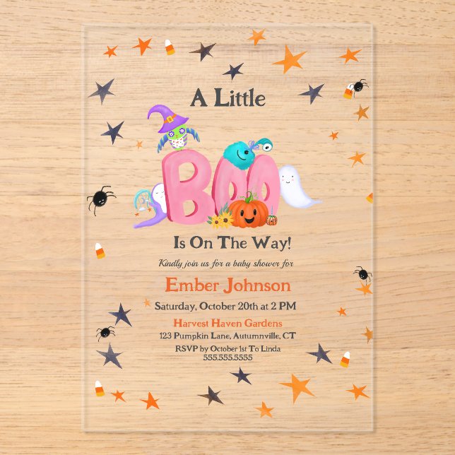 Invitaciones Acrílicas Un pequeño fantasma, Owl Halloween Baby Shower (Anverso)