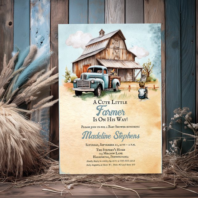 Invitaciones Acrílicas Un pequeño granjero muy lindo | Truck Boy Baby Sho (A Cute Little Farmer Barn and Truck Boy Baby Shower Acrylic Invitations)
