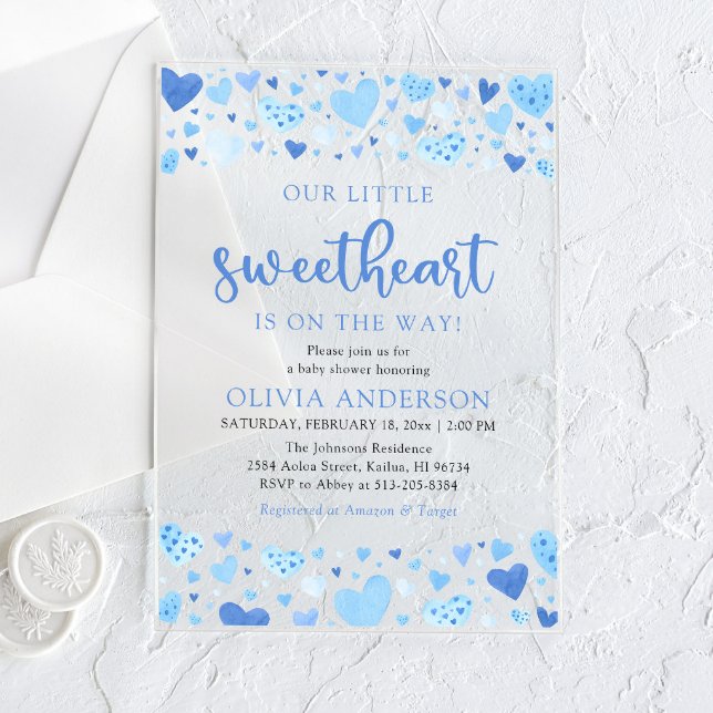 Invitaciones Acrílicas Un poco de amor azul San Valentín Baby Shower (Watercolor Cute Blue Hearts A Little Sweetheart Valentine Baby Boy Acrylic Baby Shower Invitation)