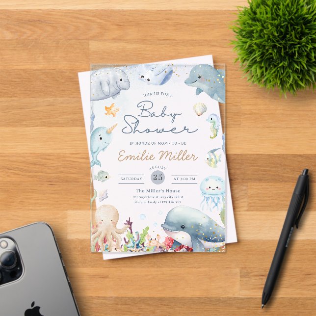 Invitaciones Acrílicas Under the Sea Baby Shower Ocean Animals Neutral (Insitu (Tarjeta de Invitación))
