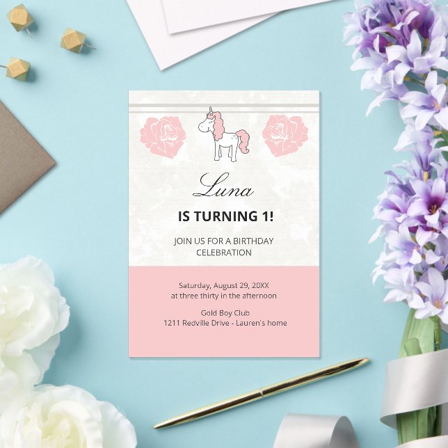Invitaciones Acrílicas Unicorn 1st Birthday Cute Pink  (Insitu (Boda))