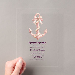 Invitaciones Acrílicas Vaquera Costera Rosa Coqueta Preppy Ancla