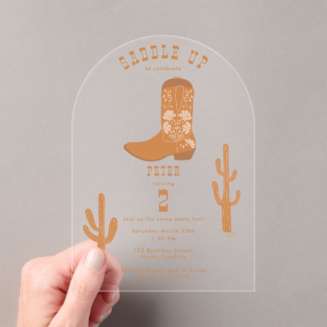 Invitaciones Acrílicas Vaquero del País Occidental Boots contra la silla  (Insitu (portátil))