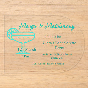 Invitaciones Acrílicas Vaso de tequila Turquesa Margs y Matrimonio solter