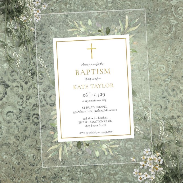 Invitaciones Acrílicas Vegetación acuarela Dorada Baptismo Christening (Watercolor Greenery Gold Baptism Christening Acrylic Invitations)