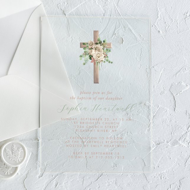 Invitaciones Acrílicas Vegetación floral Marfil Rosa Oro Cruz Chica Bauti (Subido por el creador)