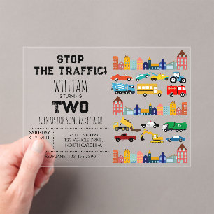 Invitaciones Acrílicas Vehículos de Transporte Ciudad Camión Segundo Cump
