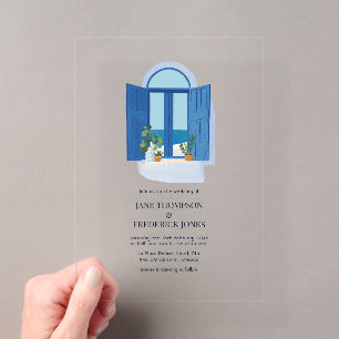 Invitaciones Acrílicas Ventana Azul de Santorini Boda en Isla Griega