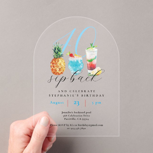 Invitaciones Acrílicas Verano divertido sorbo de cócteles 40 Fiesta de cu (Insitu (portátil))