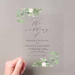 Invitaciones Acrílicas Verde acuarela y flores blancas Boda gris