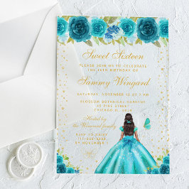 Invitaciones Acrílicas Verde azulada floral piel oscura Princesa Dulce Di