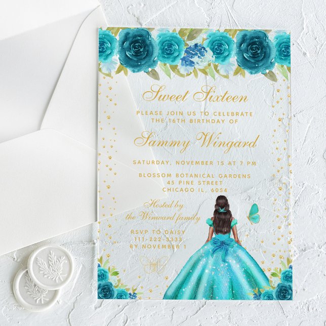 Invitaciones Acrílicas Verde azulada floral piel oscura Princesa Dulce Di (Subido por el creador)