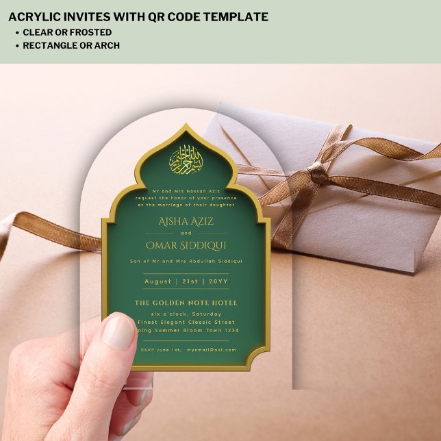 Invitaciones Acrílicas Verde de oro islámico Nikah Walima Elegante musulm (Subido por el creador)