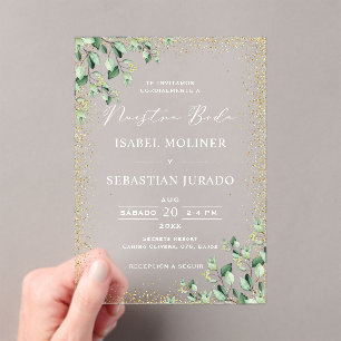 Invitaciones Acrílicas Verde del marco dorado Nuestra Boda Boda española