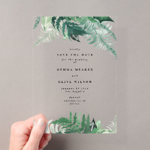Invitaciones Acrílicas Verde Elegante de Hoja Verde Ahorra la Fecha de Pr