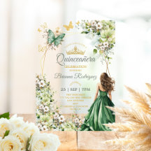 Verde Esmeralda Floral Mariposa Dorada Quinceañera