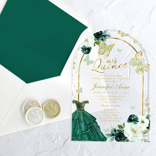 Invitaciones Acrílicas Verde Esmeralda Floral Mariposa Quinceañera 