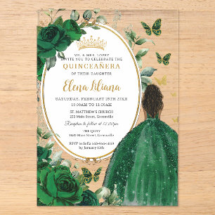 Invitaciones Acrílicas Verde Esmeralda Floral Marrón Princesa Quinceañera