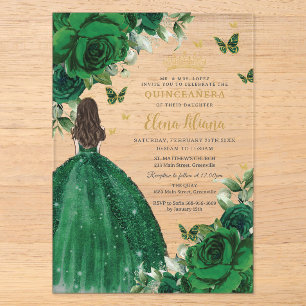 Invitaciones Acrílicas Verde Esmeralda Floral Princesa Quinceañera Cumple