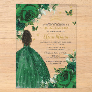 Invitaciones Acrílicas Verde Esmeralda Floral Princesa Quinceañera Sweet