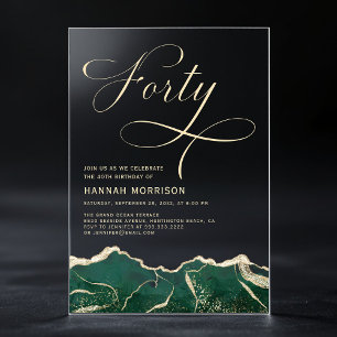 Invitaciones Acrílicas Verde Esmeralda Oro Ágata 40 Cumpleaños Cuarenta
