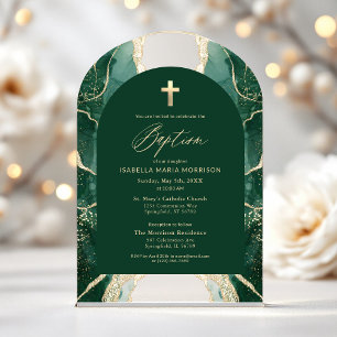 Invitaciones Acrílicas Verde Esmeralda Oro Agata Bautizo Moderno Elegante