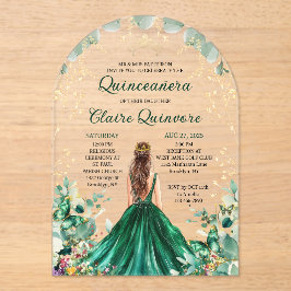Invitaciones Acrílicas Verde Esmeralda Oro Floral Princesa Quinceañera