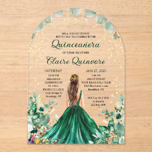 Invitaciones Acrílicas Verde Esmeralda Oro Floral Princesa Quinceañera