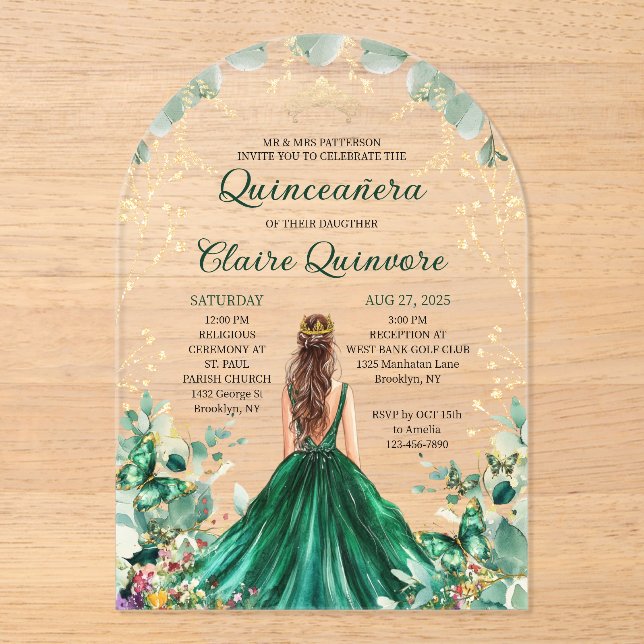 Invitaciones Acrílicas Verde Esmeralda Oro Floral Princesa Quinceañera (Anverso)