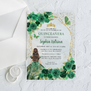 Invitaciones Acrílicas Verde Esmeralda Oro Floral Princesa Quinceañera