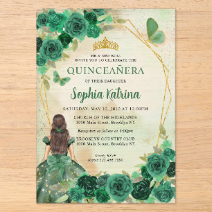 Invitaciones Acrílicas Verde Esmeralda Oro Floral Princesa Quinceañera