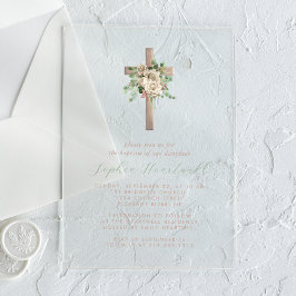 Invitaciones Acrílicas Verde floral Rosa marfil Cruz dorada Bautizo niña