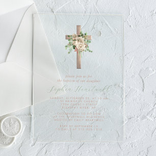 Invitaciones Acrílicas Verde floral Rosa marfil Cruz dorada Bautizo niña
