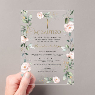 Invitaciones Acrílicas Verde Flores Rosadas Bautizo Español Bautismo