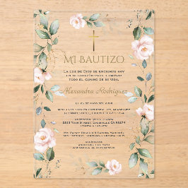 Invitaciones Acrílicas Verde Flores Rosadas Bautizo Español Bautismo