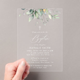 Invitaciones Acrílicas Verde, Hojas de Eucalipto, Boho, Bautizo