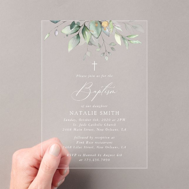 Invitaciones Acrílicas Verde, Hojas de Eucalipto, Boho, Bautizo (Insitu (portátil))