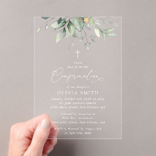 Invitaciones Acrílicas Verde, Hojas de Eucalipto, Boho, Confirmación